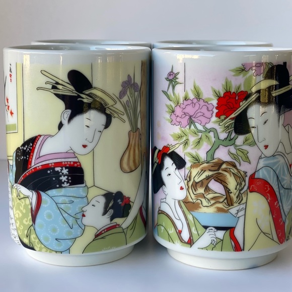 Vintage Set of 4 Japanese Geisha Porcelain Sake/Tea Cups - Picture 2 of 11